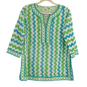 Gretchen Scott Designs Green Blue White Pattern Cotton Tunic Top Size Medium